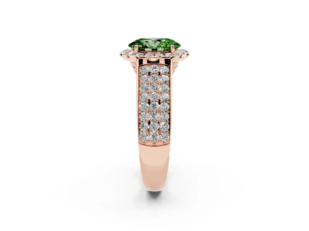 Fancy Green Oval Cut Halo Round Diamond Pave Band with Prong Setting Rose gold