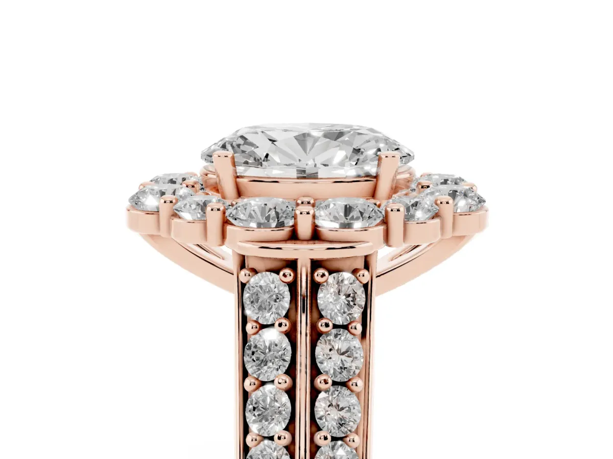 Oval Cut Halo Diamond Engagement Ring with Split Shank and Prong Setting Rose gold