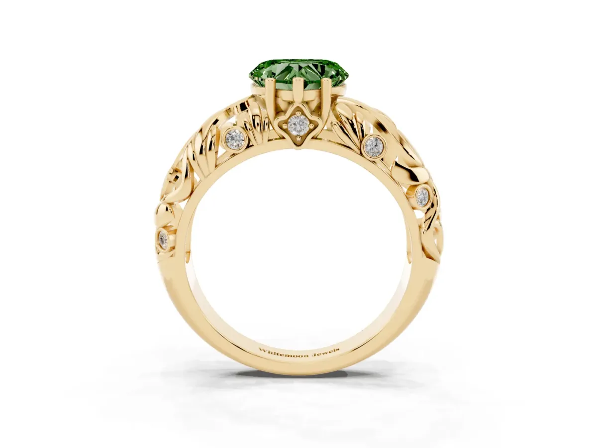 Fancy Green Heart Cut Solitaire Diamond Leaf-Inspired Vine Band Ring with Prong Setting Yellow gold