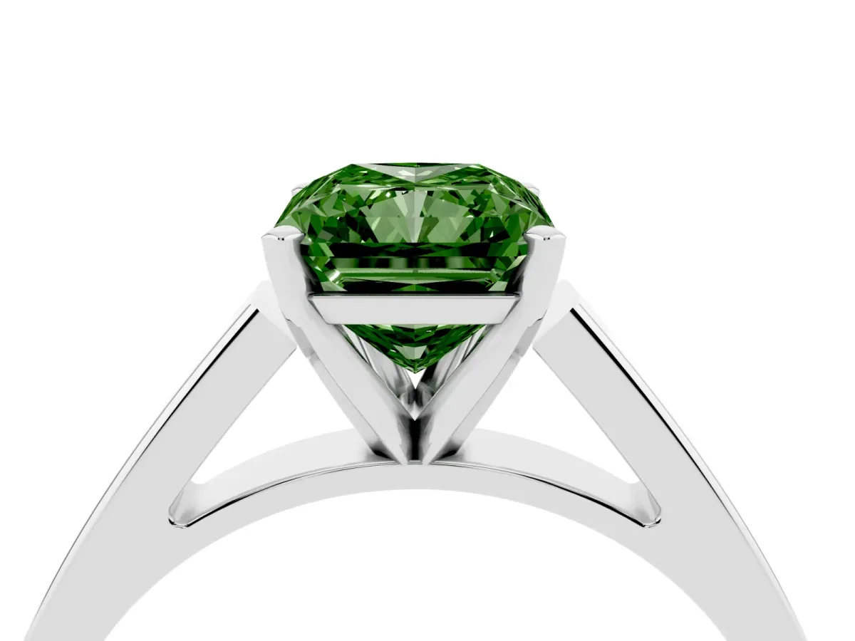 Fancy Green Radiant Cut Solitaire Engagement Ring with Four-Prong Setting and Tapered Band Platinum