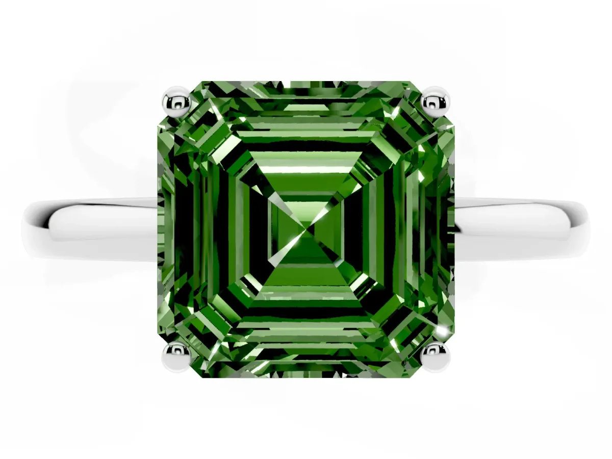 Fancy Green Asscher Cut Solitaire Diamond Ring with Prong Setting and Plain Band White gold