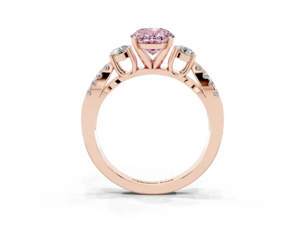 Fancy Pink Oval Cut Diamond Three-Stone Ring with Pavé Split Shank and Four-Prong Setting Rose gold