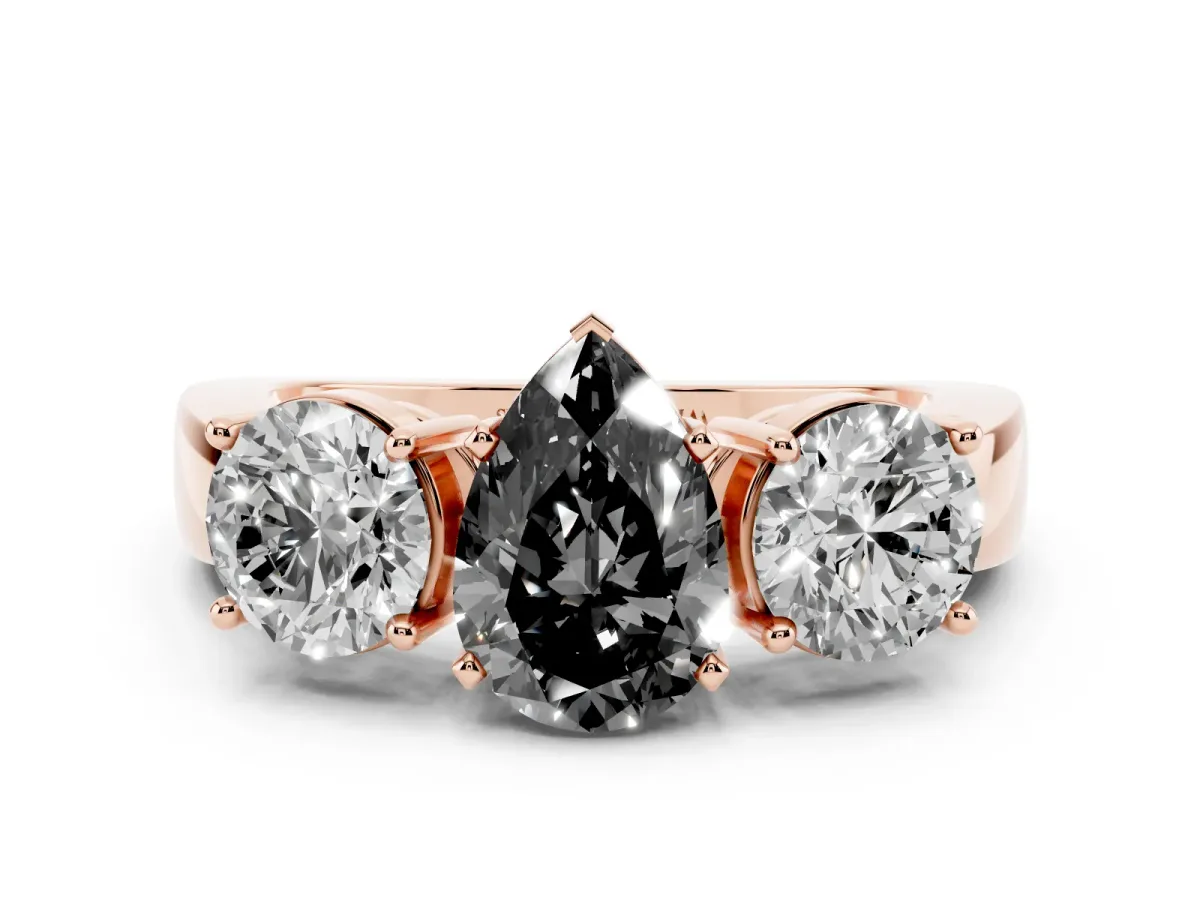 Fancy Black Three-Stone Pear Cut Diamond Ring with Round Side Stones, Classic Band, and Four-Prong Setting Rose gold