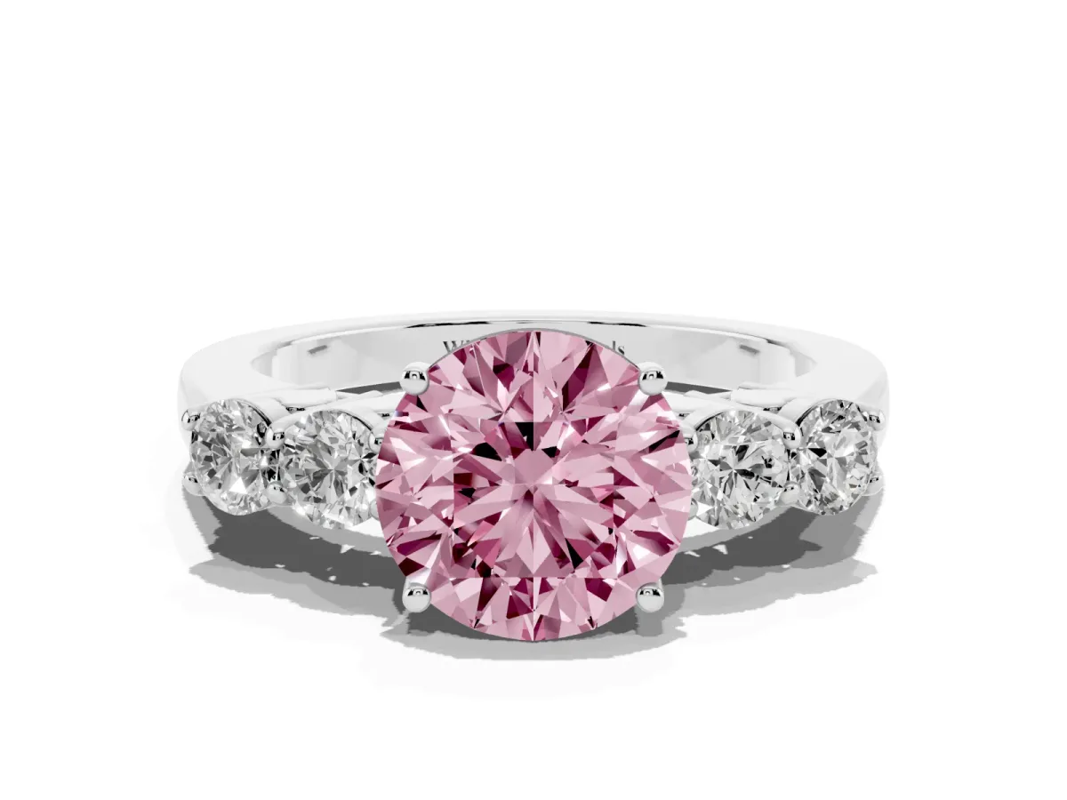 Fancy Pink Round Cut Cut Diamond Five-Stone Prong Set White Gold Ring Platinum