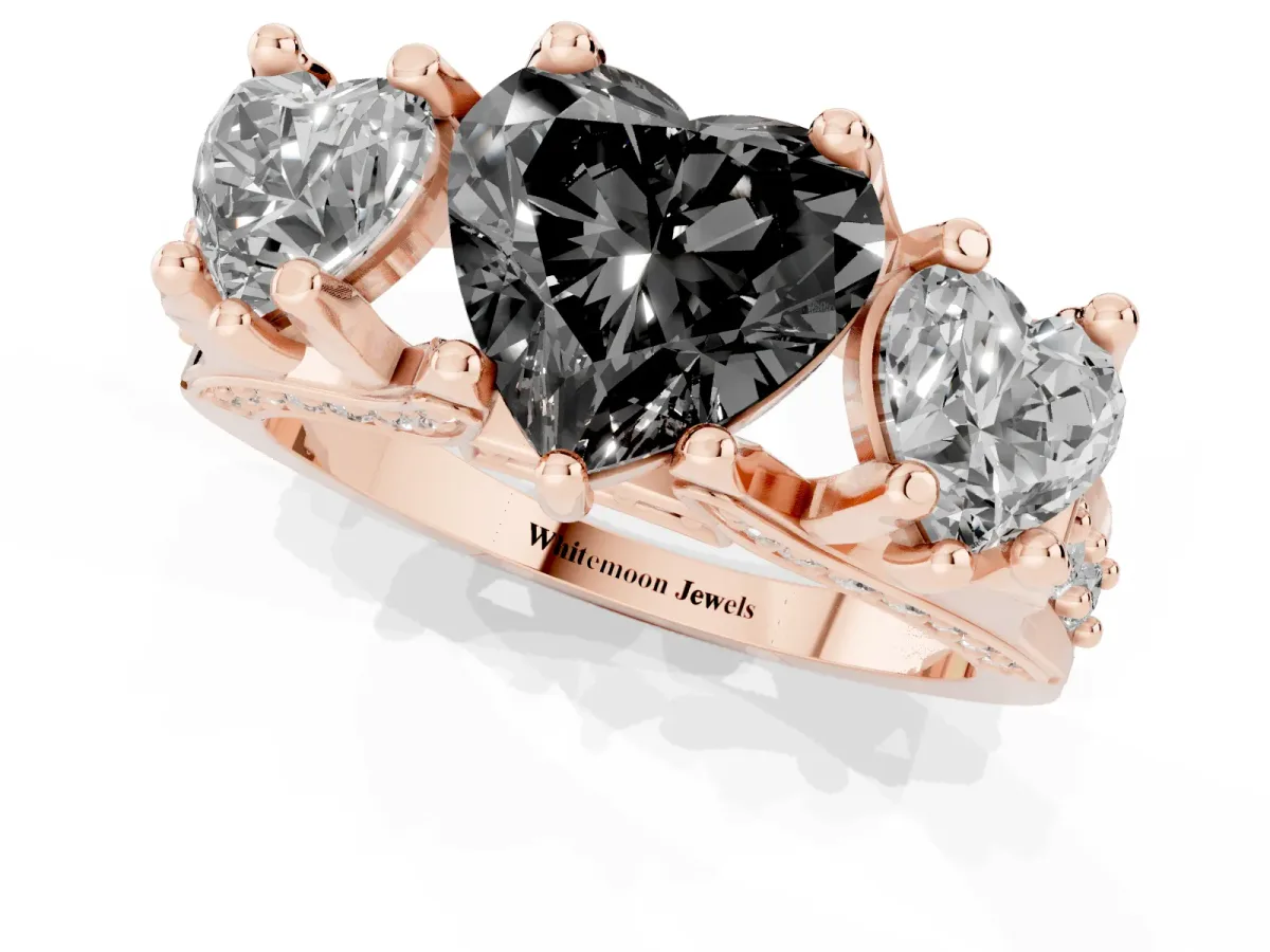Fancy Black Heart Cut Diamond Three-Stone Ring with Channel Set Band and Four-Prong Setting Rose gold