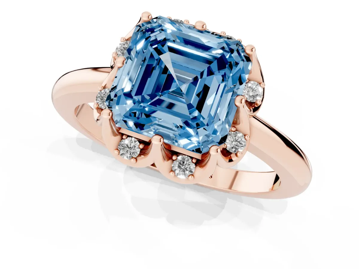 Fancy Blue Asscher Cut Halo Diamond Ring with Round Cluster Setting, Solitaire Band, and Four-Prong Setting Rose gold