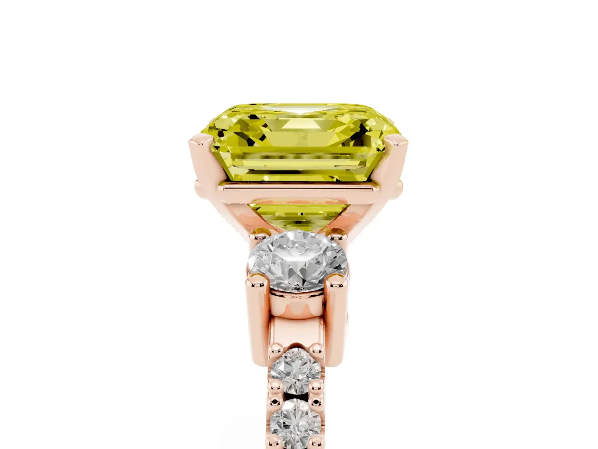Fancy Yellow Asscher Cut Three-Stone Diamond Pavé Band with Prong Setting Rose gold