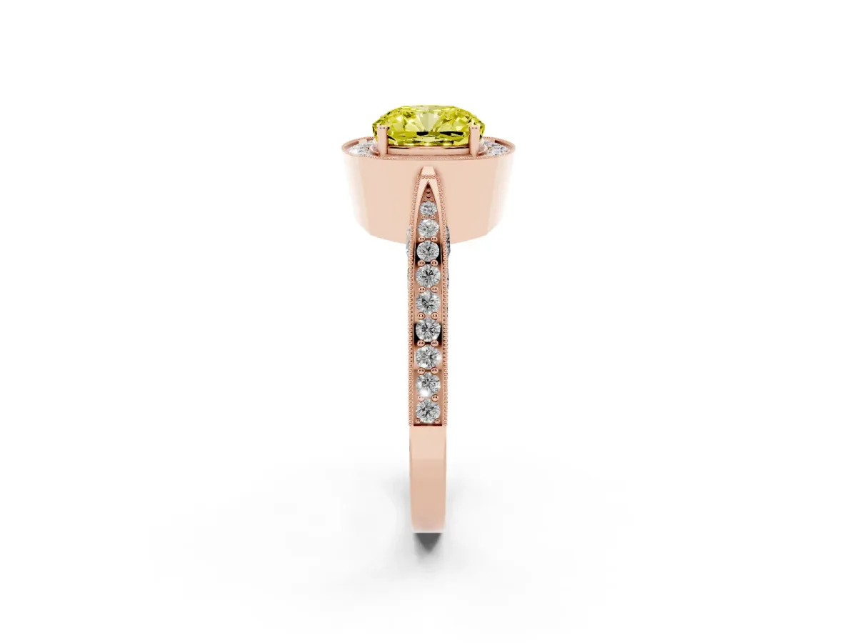 Fancy Yellow Cushion Cut Halo Diamond Engagement Ring with Split Shank Band and Four-Prong Setting Rose gold