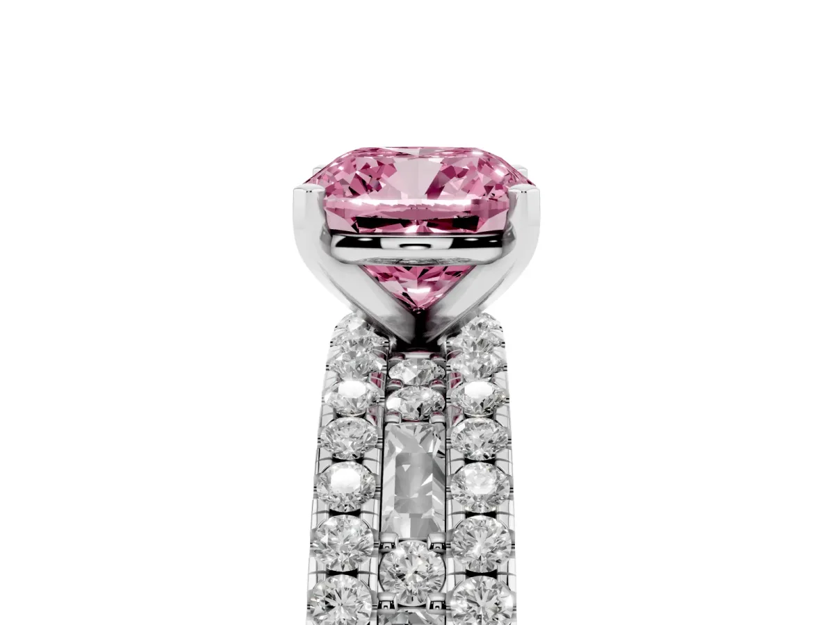 Fancy Pink Cushion Cut Diamond Solitaire Ring with Pavé and Channel Set Band Platinum