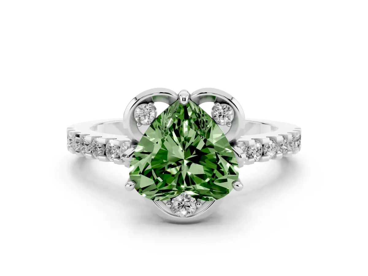 Fancy Green Heart Cut Diamond Ring with Pavé Band and Floral Prong Setting Platinum