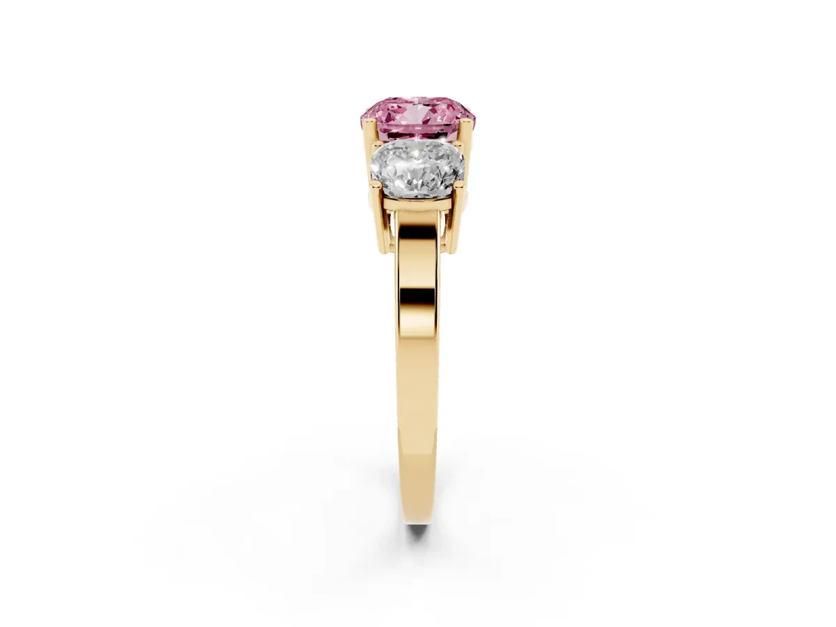 Fancy Pink Three-Stone Cushion Cut Cut Diamond Engagement Ring with Flat Band and Four-Prong Setting Yellow gold