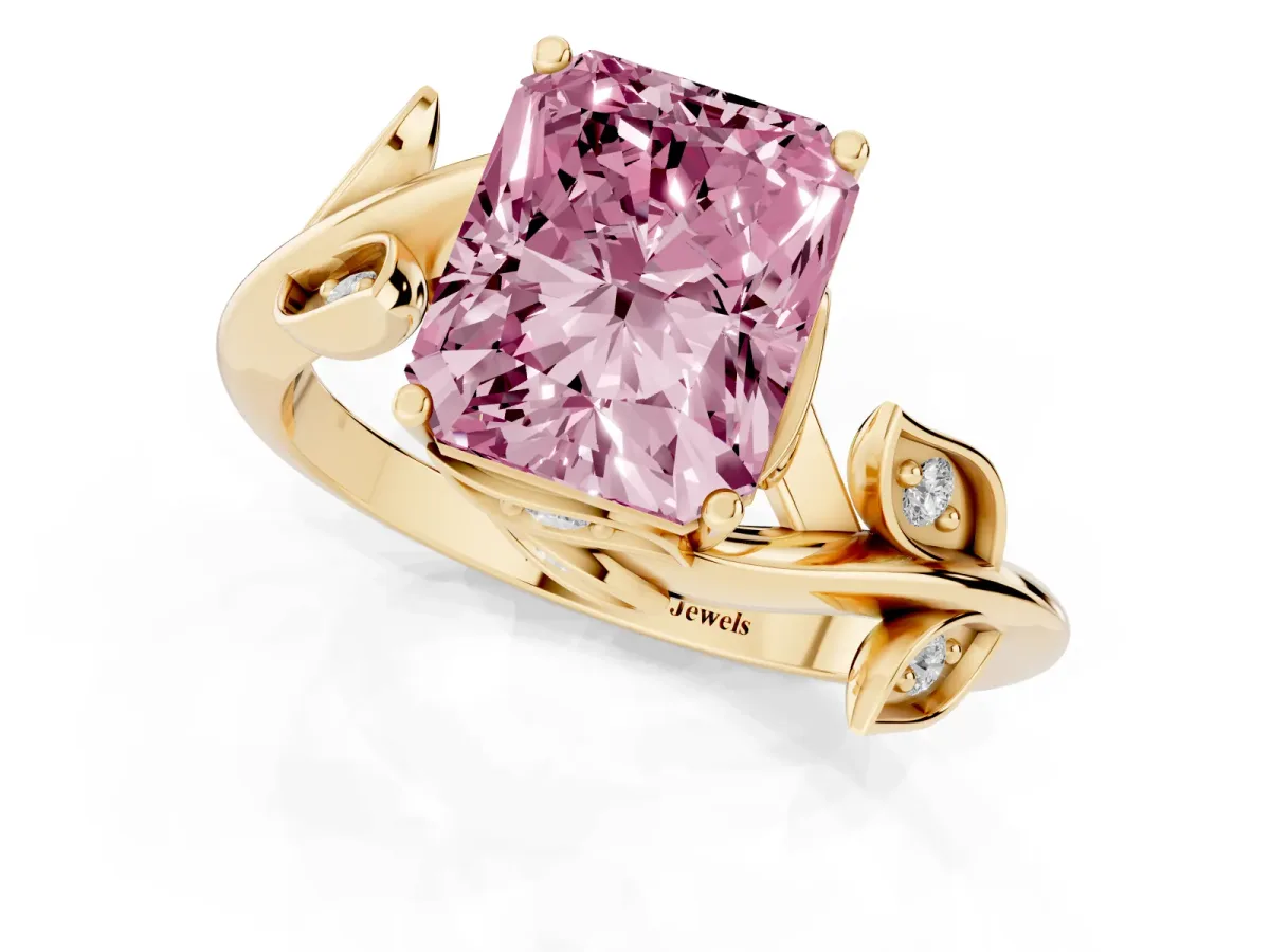 Fancy Pink Radiant Cut Solitaire Twist Engagement Ring with Leaf Accents and Prong Setting Yellow gold