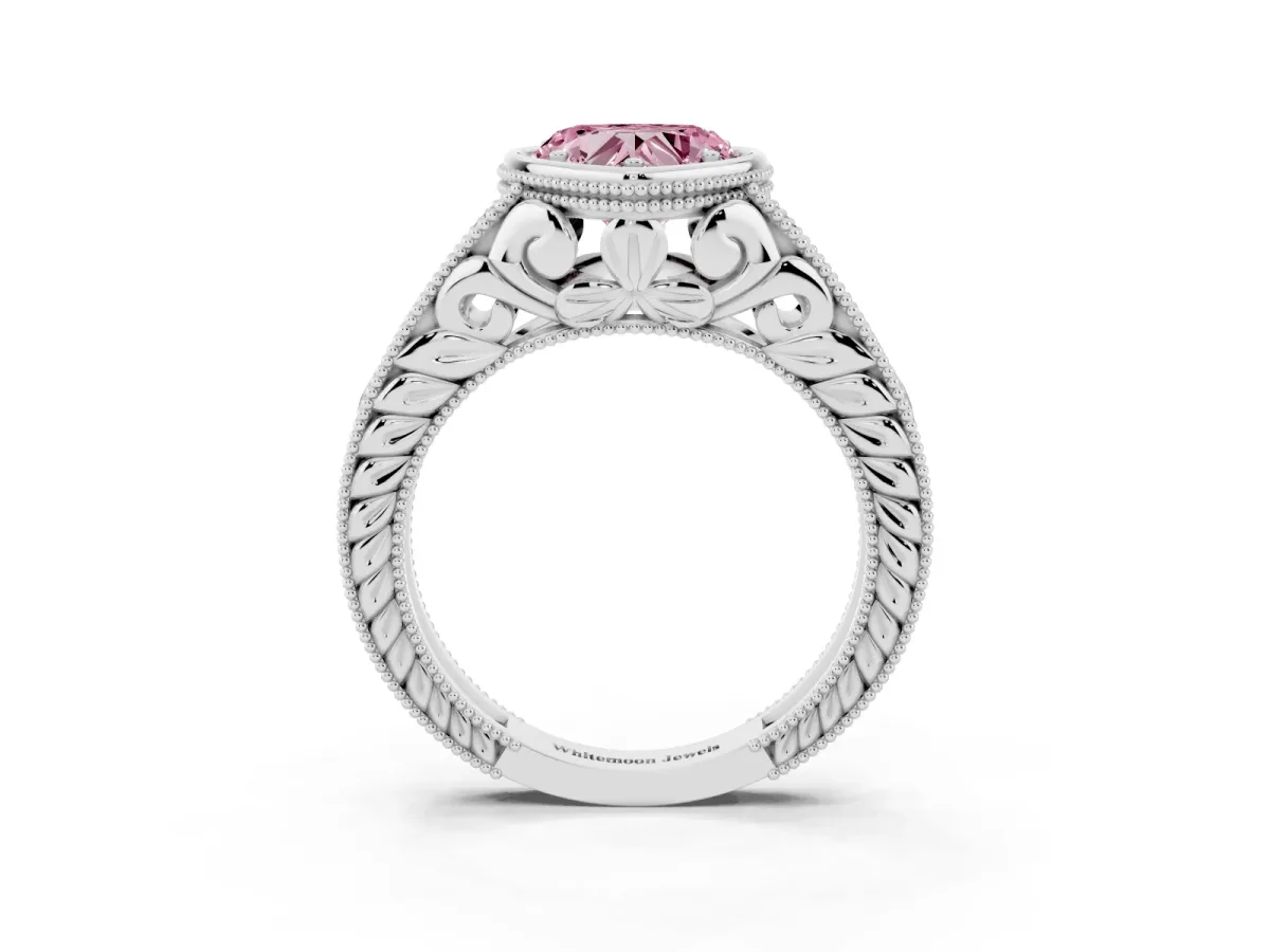 Fancy Pink Bezel Set Heart Cut Diamond Milgrain Pave Engagement Ring Silver