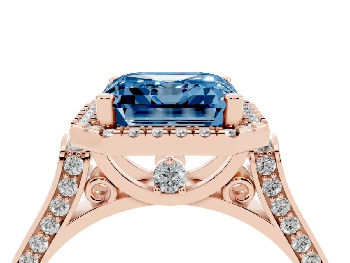 Fancy Blue Asscher Cut Halo Pave Split Shank Prong Setting Ring Rose gold