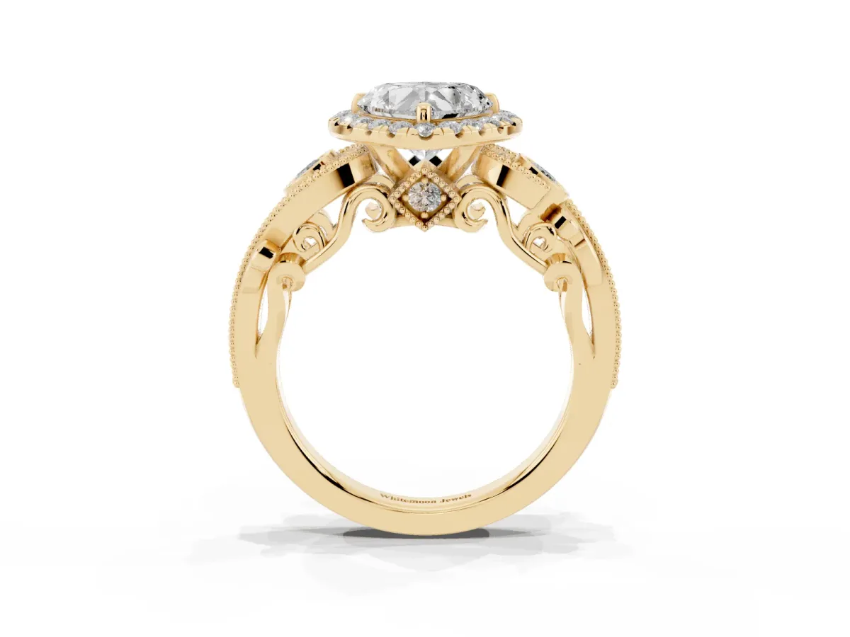 Heart Cut Halo Diamond Ring with Milgrain and Bezel Accents on a Split Shank Band Yellow gold