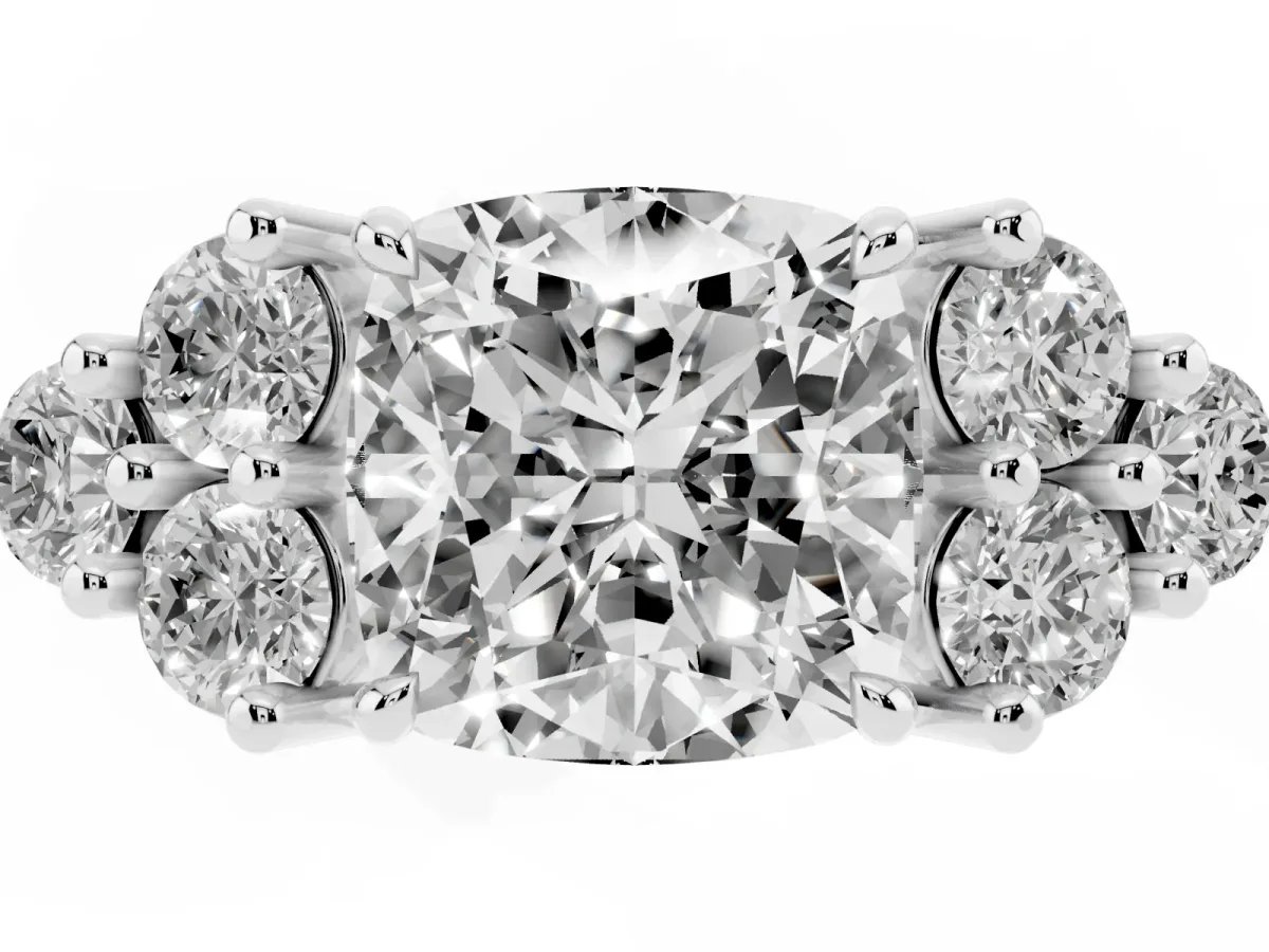 Cushion Cut Brilliant Diamond Cluster Accent Solitaire Ring with Prong Setting White gold