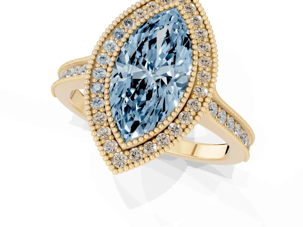 Fancy Blue Halo Marquise Cut-Cut Diamond Pave Band Milgrain Prong Setting Ring Yellow gold