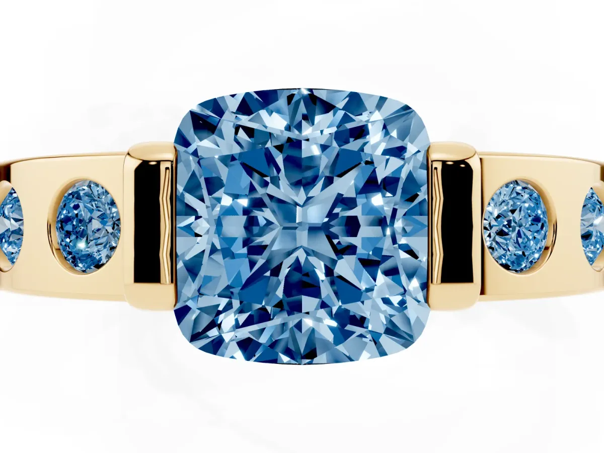 Fancy Blue Cushion Cut Brilliant Channel-Set Diamond Ring with Bezel Prong Setting Yellow gold