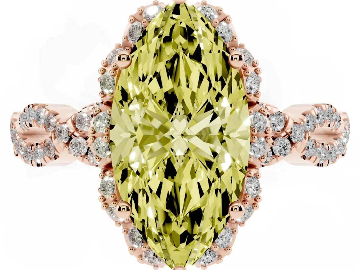 Fancy Yellow Marquise Cut Halo Twist Band Solitaire Ring with Six-Prong Setting Rose gold