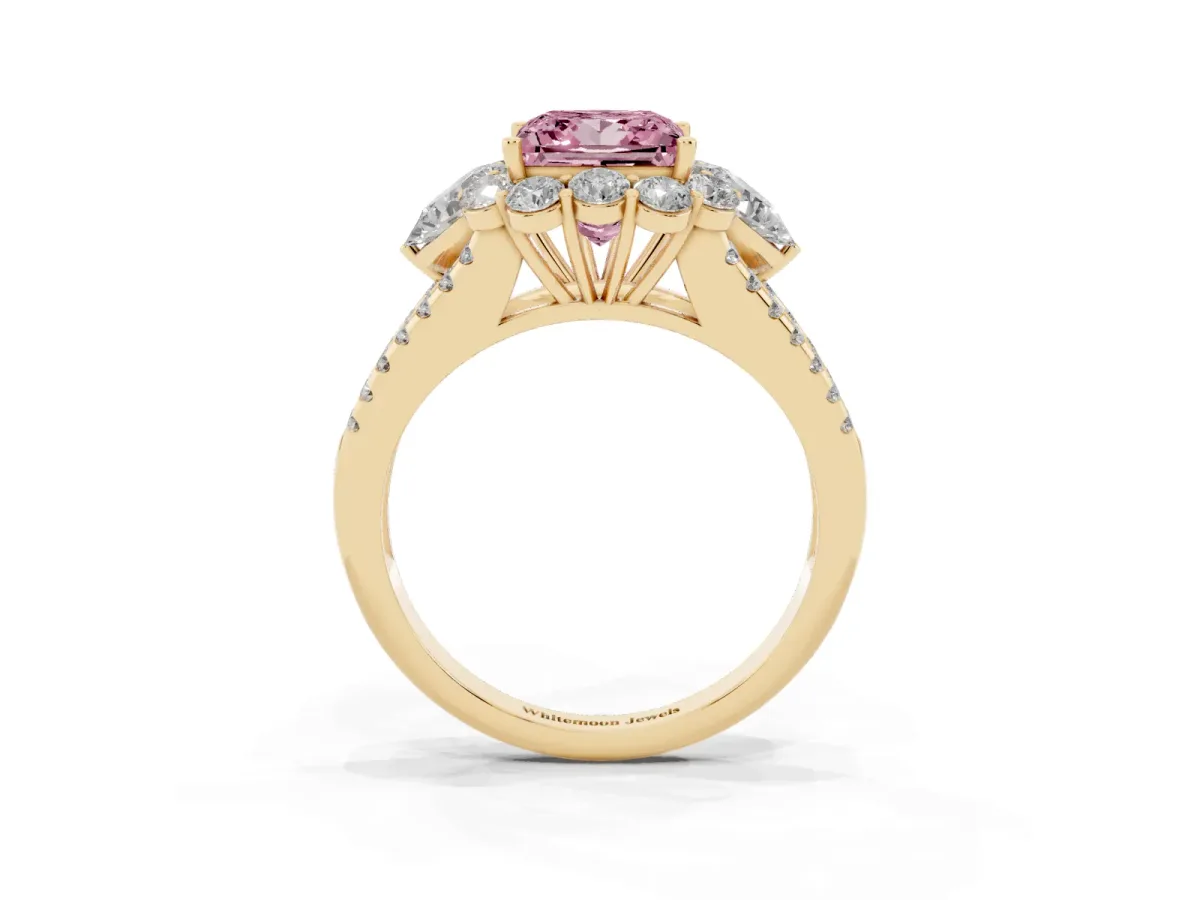 Fancy Pink Princess Cut Halo Split Shank Diamond Engagement Ring with Prong Setting Yellow gold