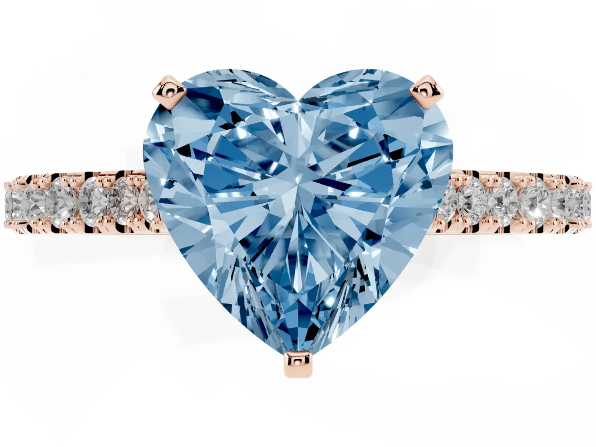 Fancy Blue Heart Cut Cut Solitaire Diamond Engagement Ring with Pave Band and Four-Prong Setting Rose gold