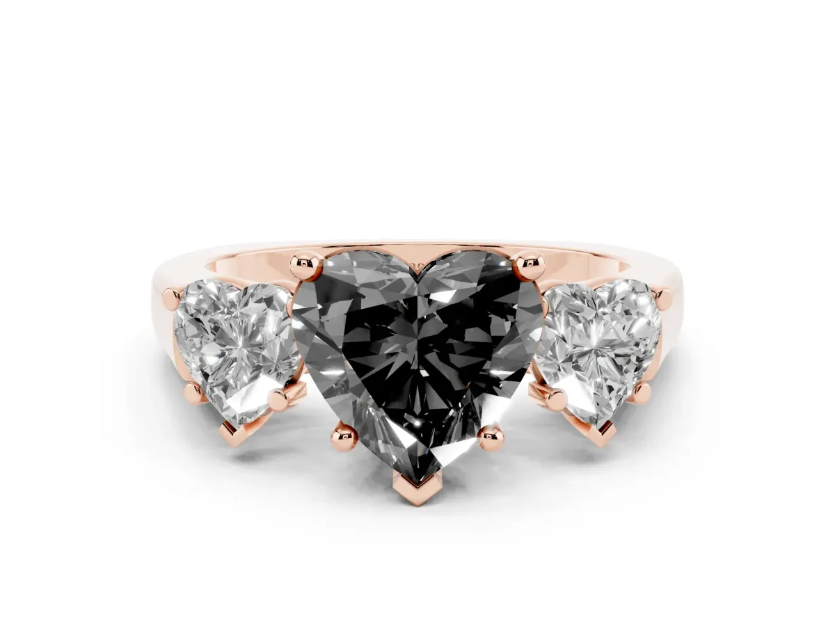 Fancy Black Three-Stone Heart Cut Brilliant Diamond Trellis Ring with Comfort Fit Band Rose gold