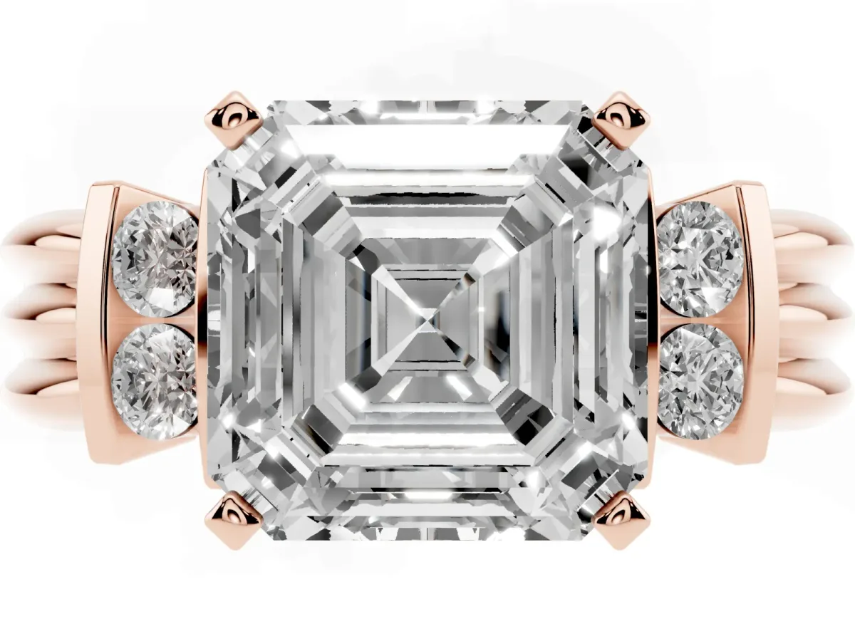 Asscher Cut Cut Three-Stone Channel Set Ring with Bar Prongs Rose gold