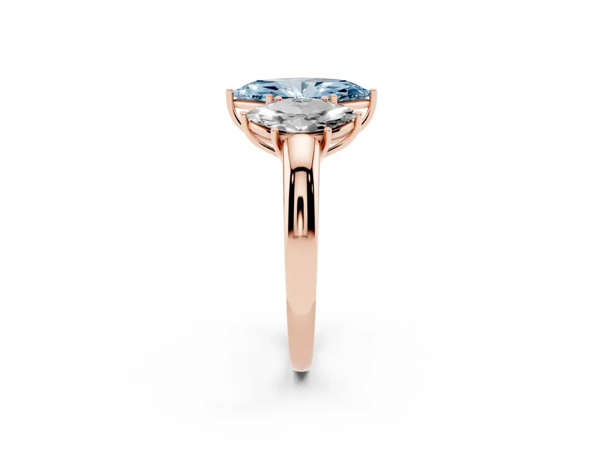 Fancy Blue Marquise Cut Diamond Three-Stone Ring with Four-Prong Setting and Classic Band Rose gold