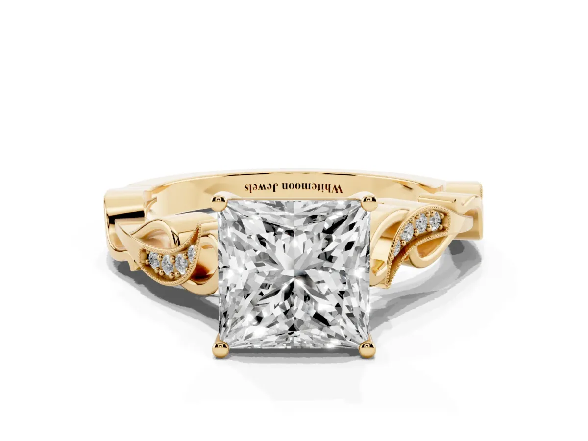 Princess Cut Solitaire Vine Band with Milgrain Prong Setting Yellow gold