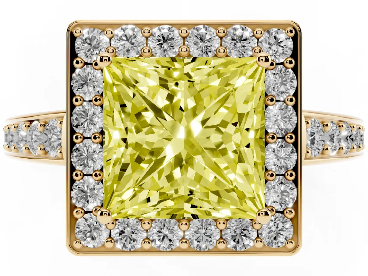 Fancy Yellow Princess Cut Halo Pavé Diamond Engagement Ring with Bezel Setting Yellow gold
