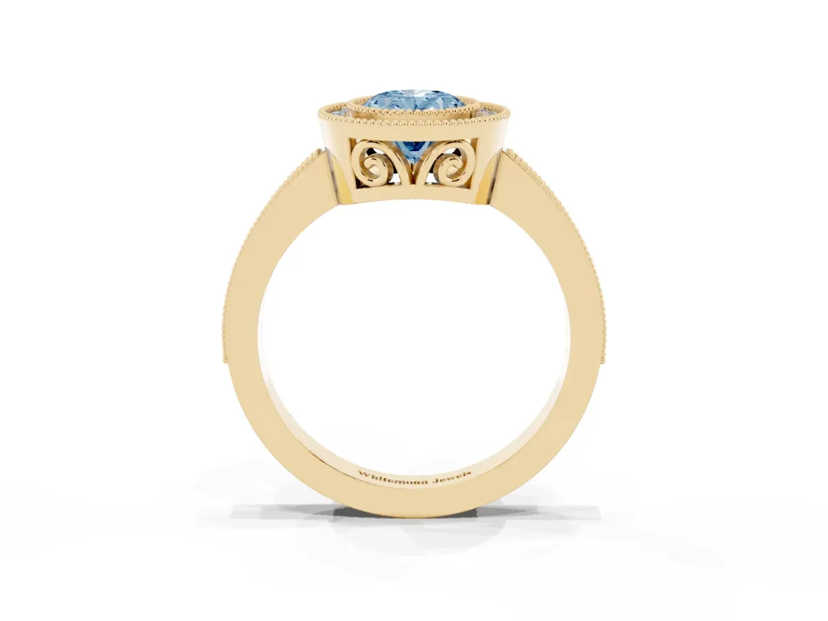 Fancy Blue Oval Cut Cut Halo Diamond Ring with Pavé Band and Milgrain Prong Setting Yellow gold