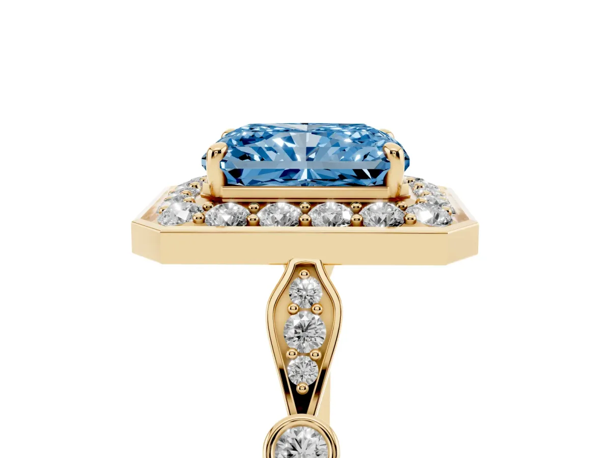 Fancy Blue Radiant Cut Halo Diamond Engagement Ring with Twisted Band and Four-Prong Setting Yellow gold