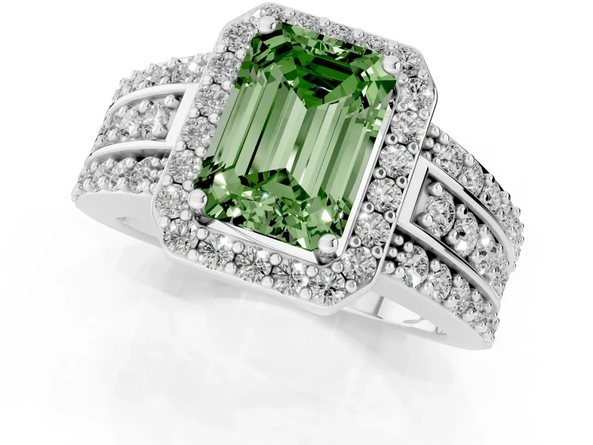 Fancy Green Emerald Cut Halo Diamond Ring with Round Split Shank and Prong Setting Silver