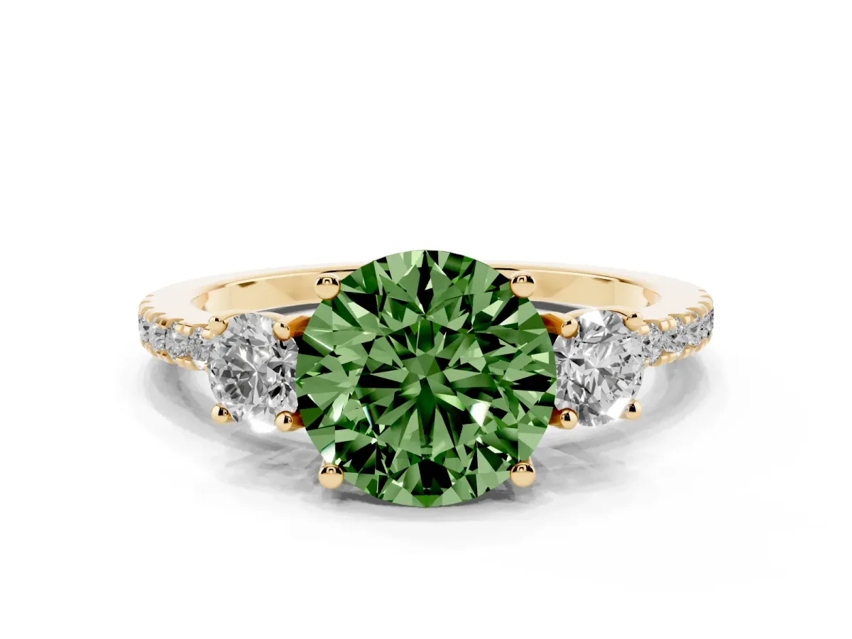 Fancy Green Three-Stone Round Cut Cut Diamond Pavé Band with Prong Setting Yellow gold