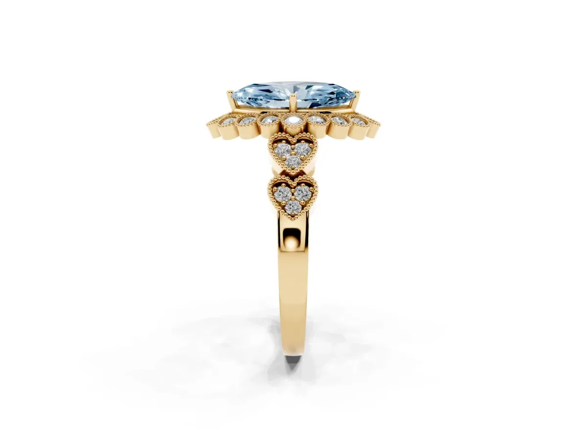 Fancy Blue Marquise Cut Brilliant Milgrain Pave Heart Band Solitaire Ring Yellow gold