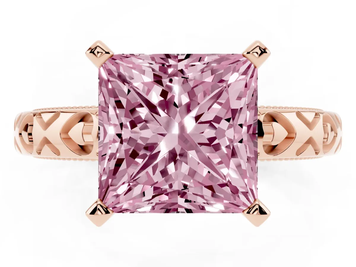 Fancy Pink Princess Cut Solitaire Diamond Engagement Ring with XO Engraved Band and Four-Prong Setting Rose gold