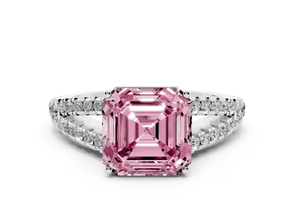 Fancy Pink Asscher Cut Diamond Split Shank Pavé Engagement Ring with Four-Prong Setting Silver