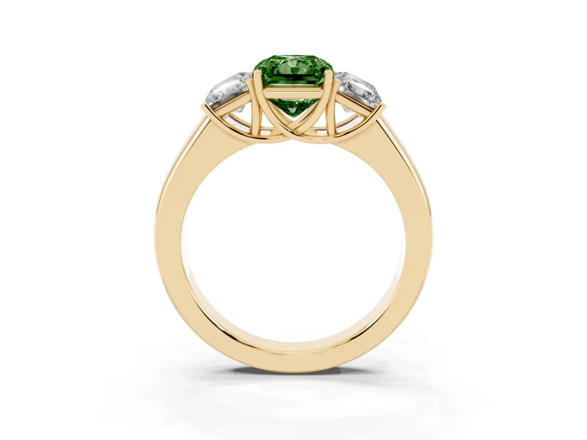 Fancy Green Three-Stone Radiant Cut Cut Diamond Ring with Prong Setting and Classic Band Yellow gold