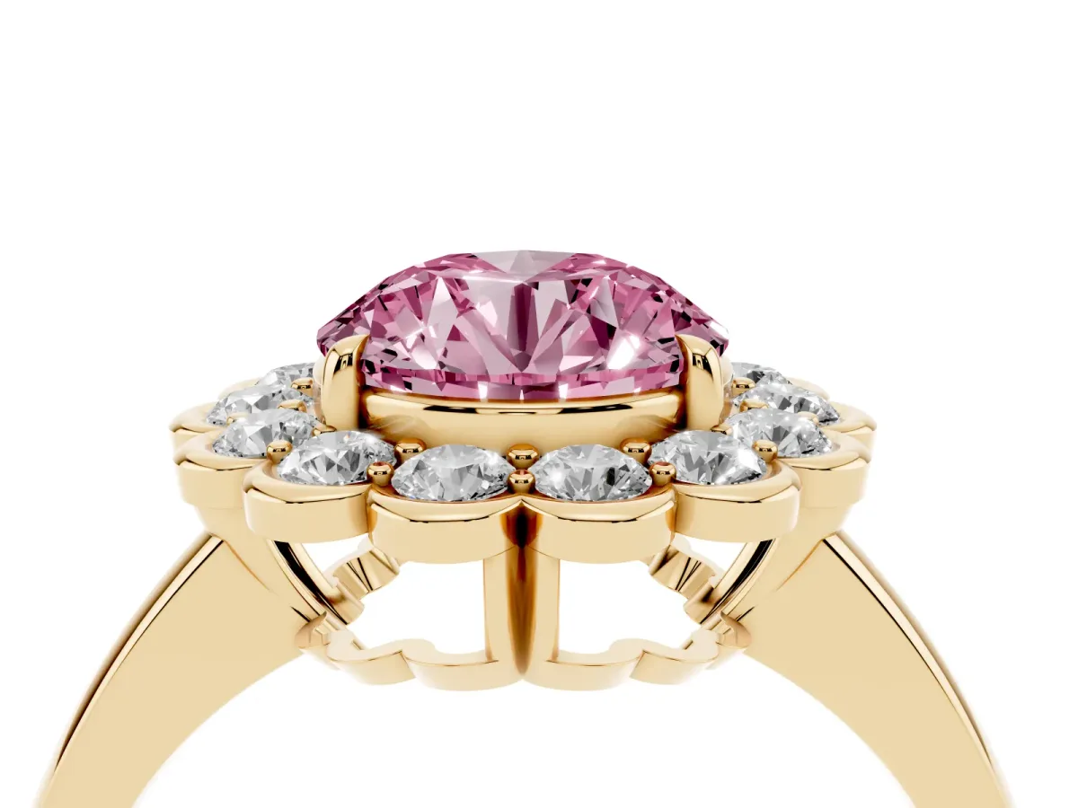 Fancy Pink Round Cut Halo Cluster Diamond Engagement Ring with Solitaire Band and Prong Setting Yellow gold