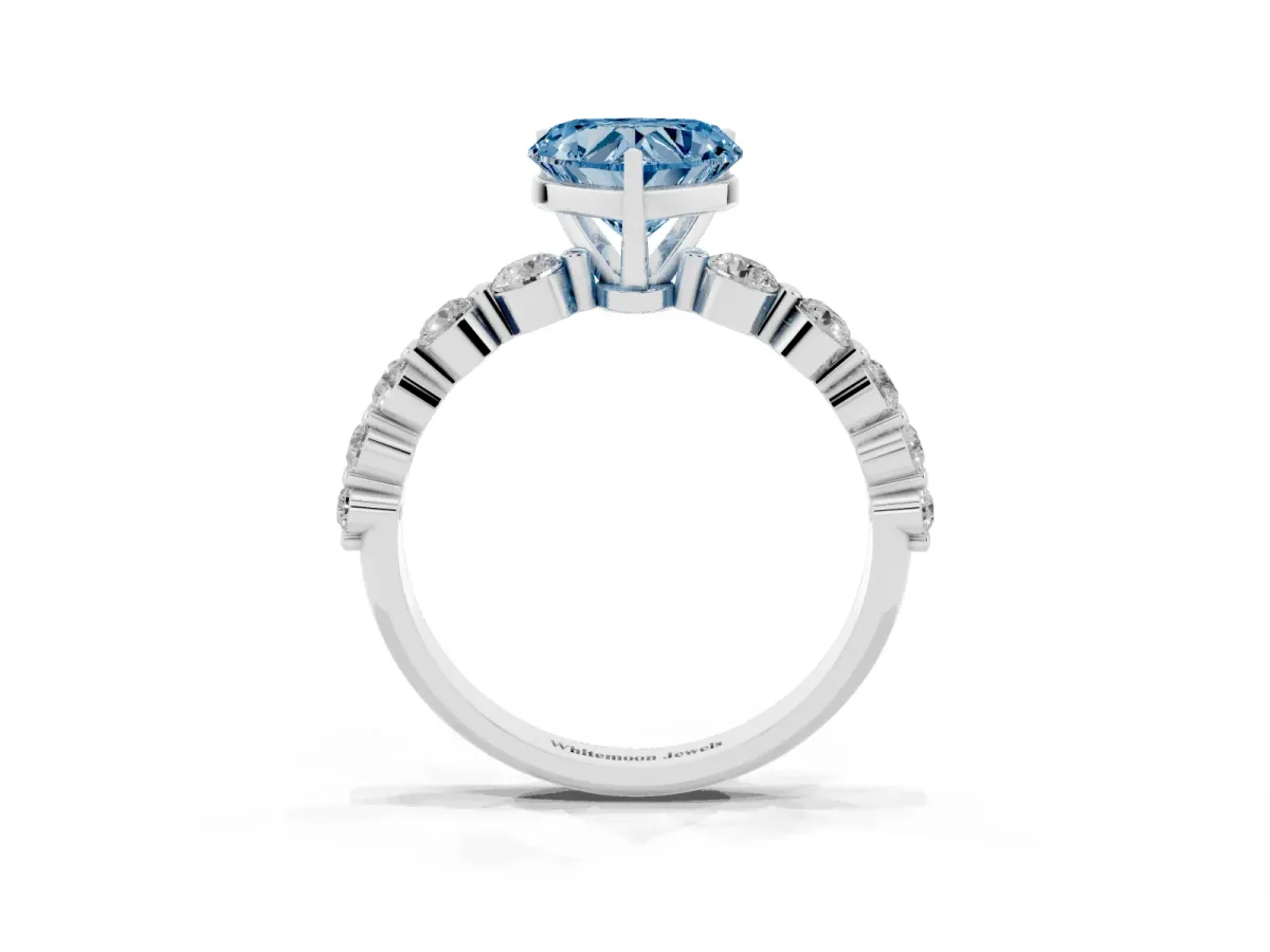 Fancy Blue Heart Cut Solitaire Diamond Ring with Pave Band and Four-Prong Setting Silver