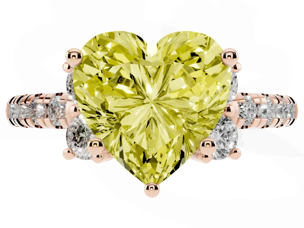 Fancy Yellow Heart Cut Diamond Three-Stone Pave Band with Four-Prong Setting Rose gold