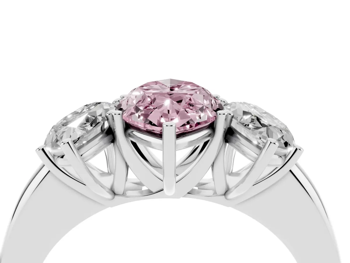 Fancy Pink Marquise Cut Diamond Three-Stone Ring with Four-Prong Setting and Classic Band Silver