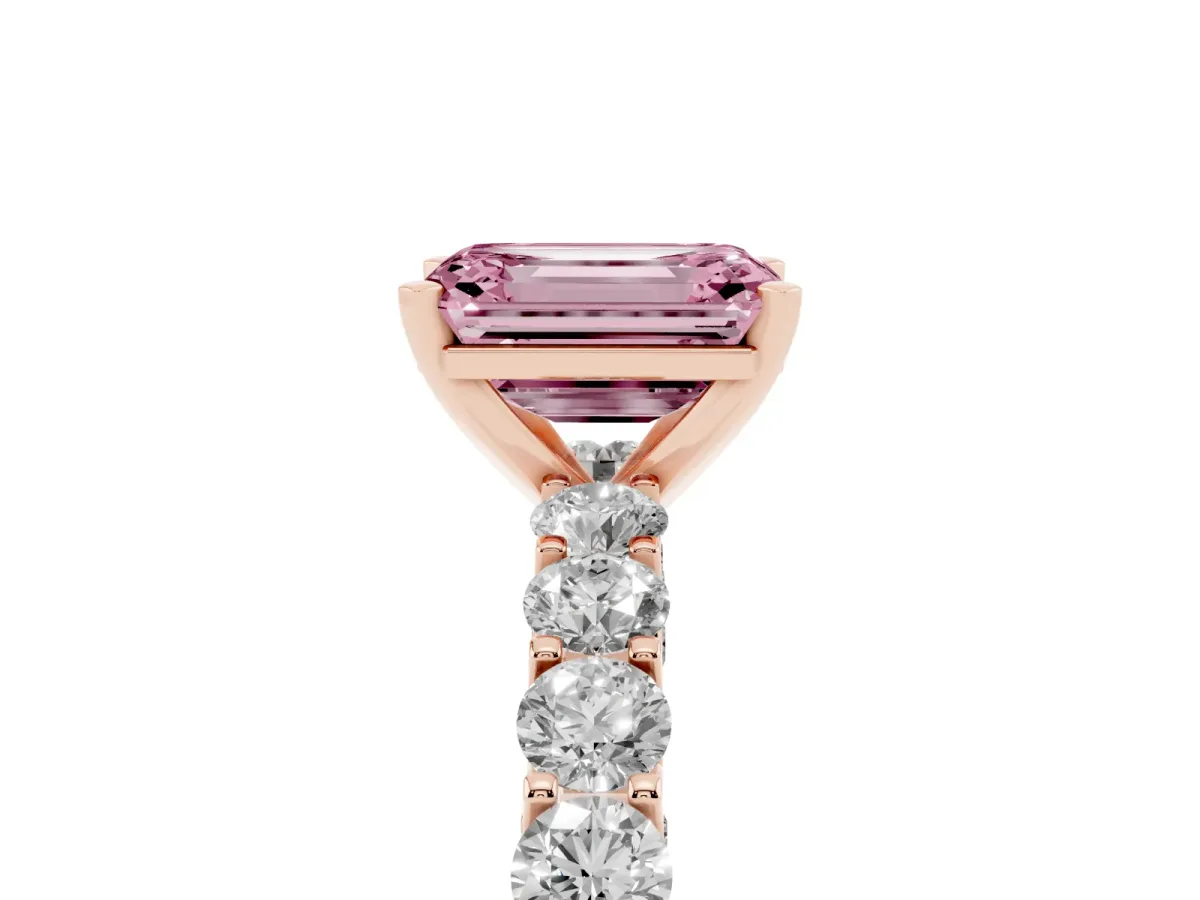 Fancy Pink Emerald Cut Diamond Solitaire Ring with Shared Prong Pavé Band and Four-Prong Setting Rose gold