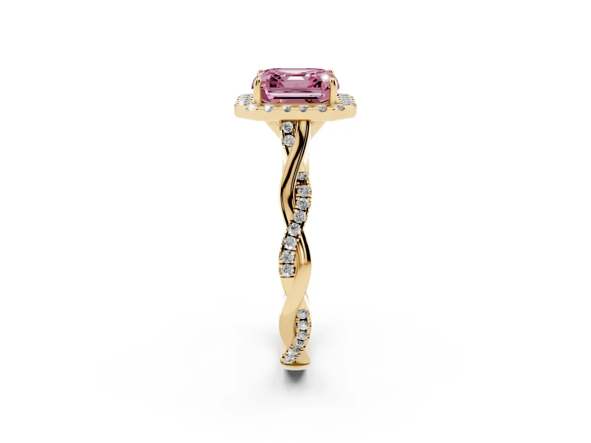Fancy Pink Asscher Cut Halo Twist Band Solitaire Ring Yellow gold