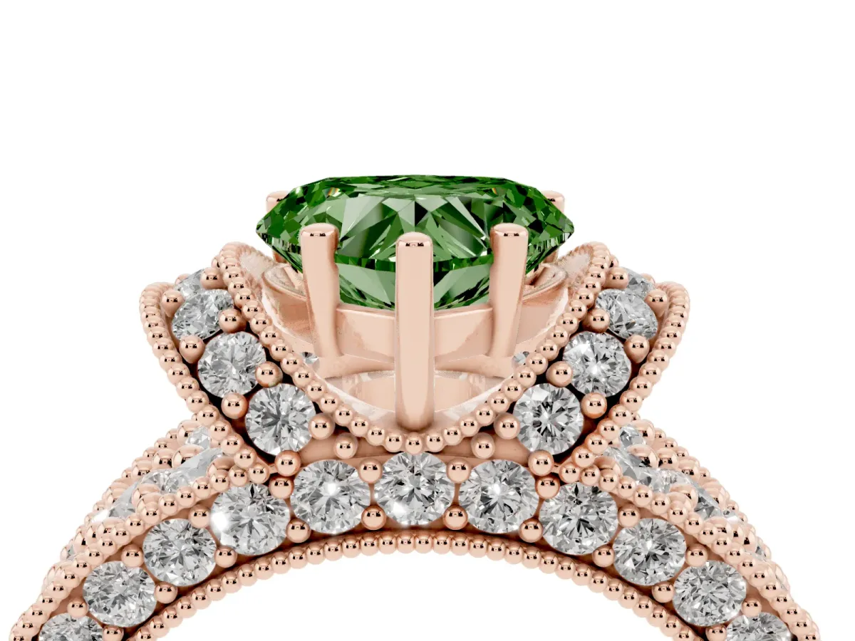 Fancy Green Heart Cut Halo Pave Diamond Engagement Ring with Milgrain Detailing Rose gold