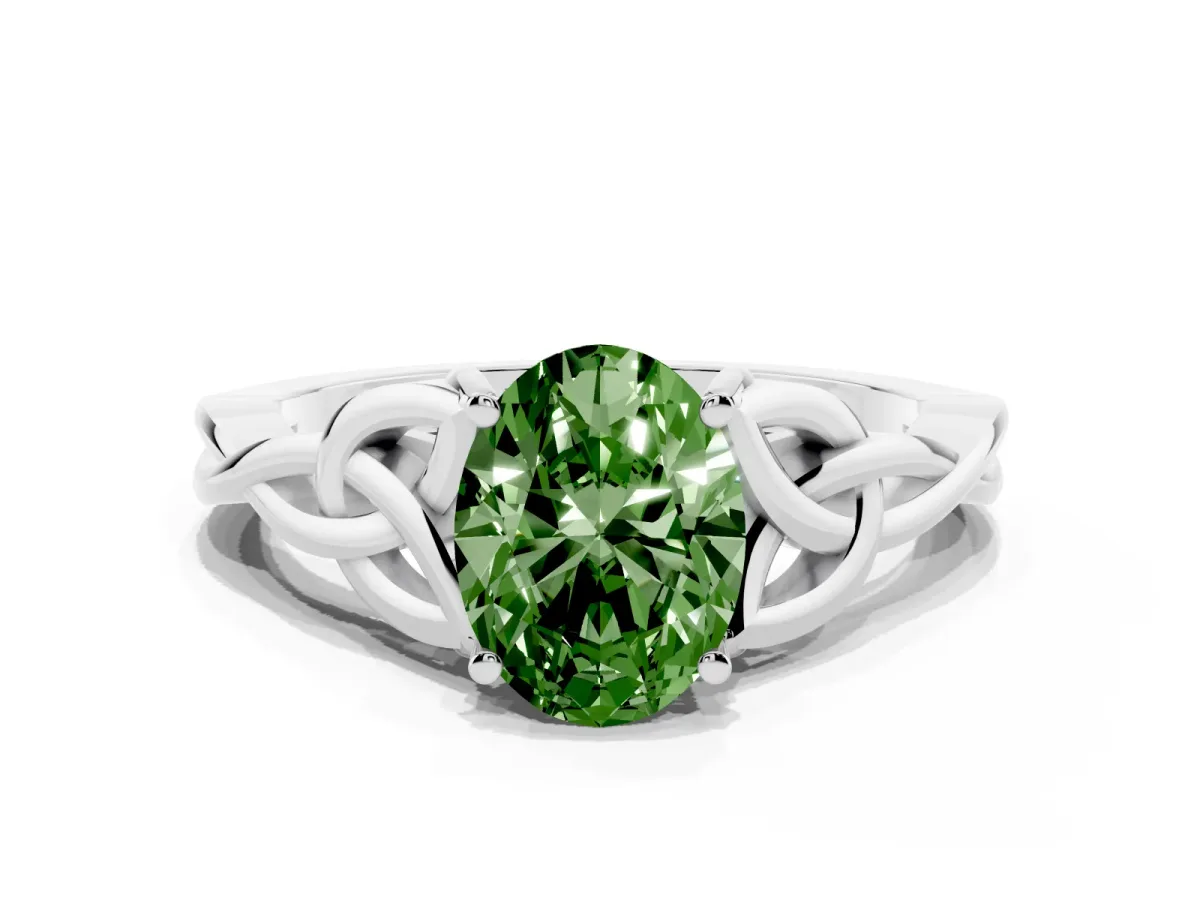 Fancy Green Oval Cut Diamond Solitaire Engagement Ring with Celtic Knot Band and Four-Prong Setting Platinum