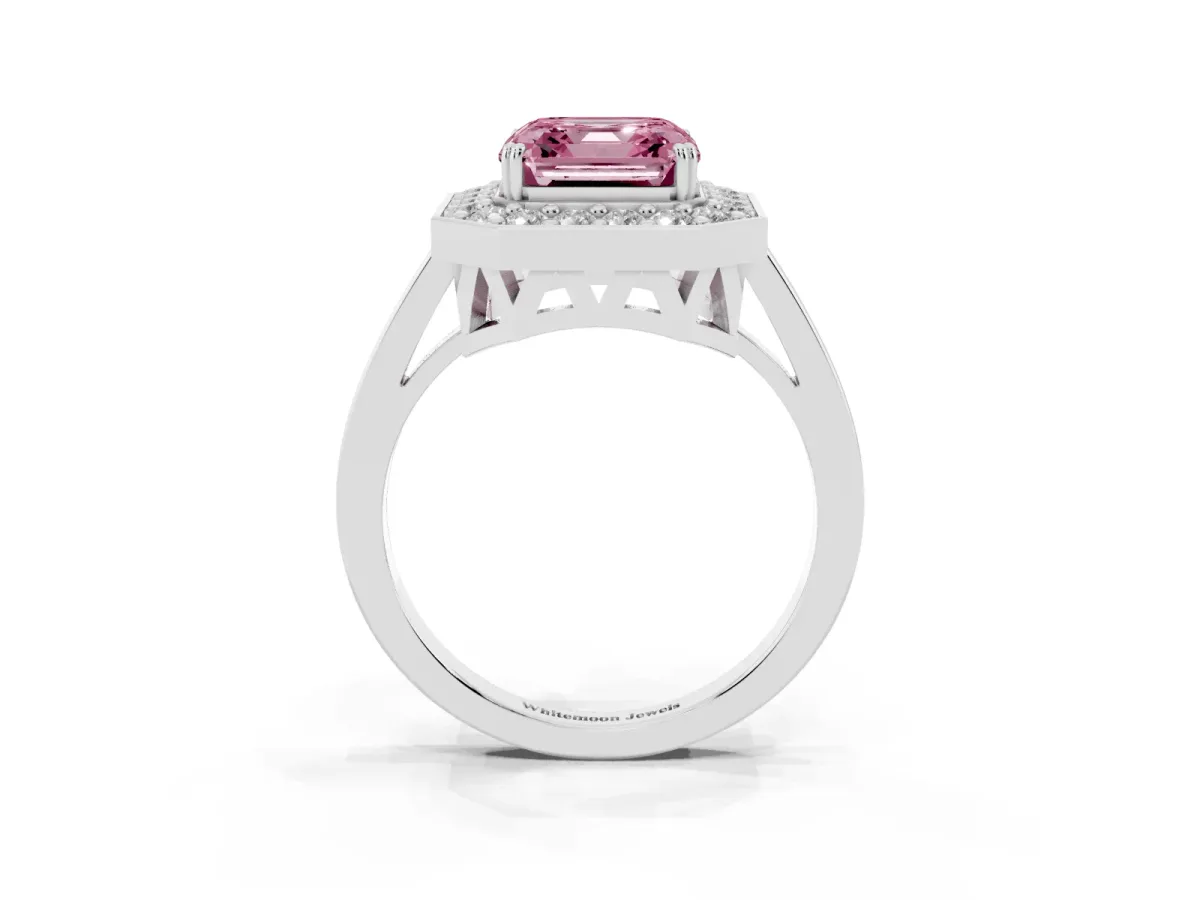 Fancy Pink Asscher Cut Diamond Halo Ring with Split Shank and Four-Prong Setting Silver