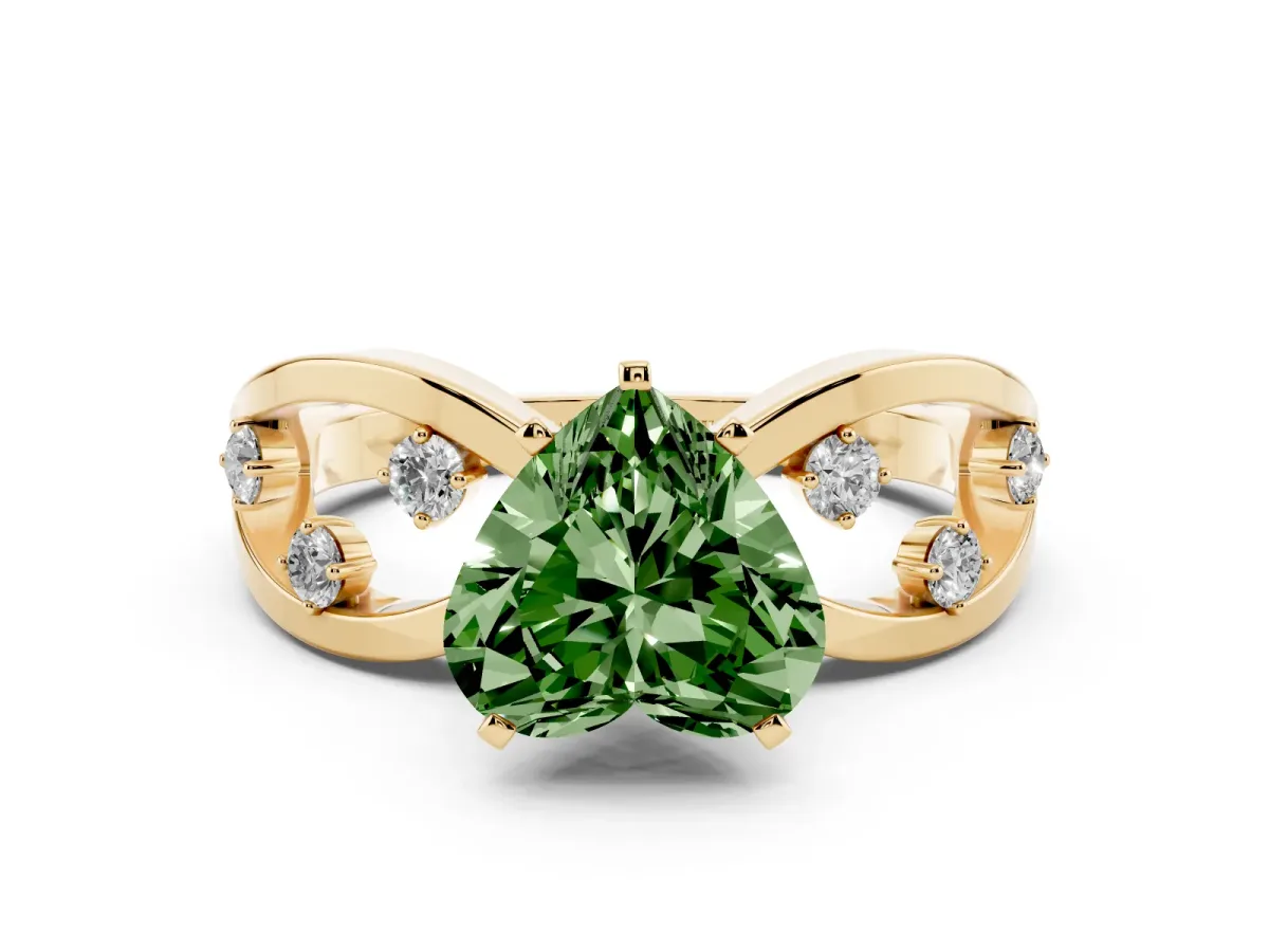 Fancy Green Heart Cut Cut Solitaire Diamond with Side Stones on Criss-Cross Band and Four-Prong Setting Yellow gold