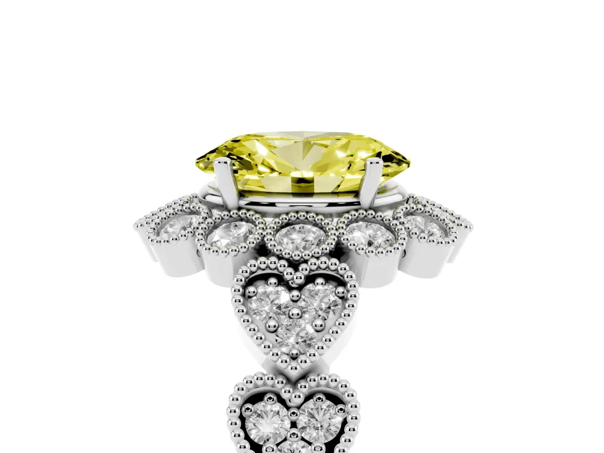 Fancy Yellow Oval Cut Brilliant Milgrain Pave Heart Band Solitaire Ring Silver