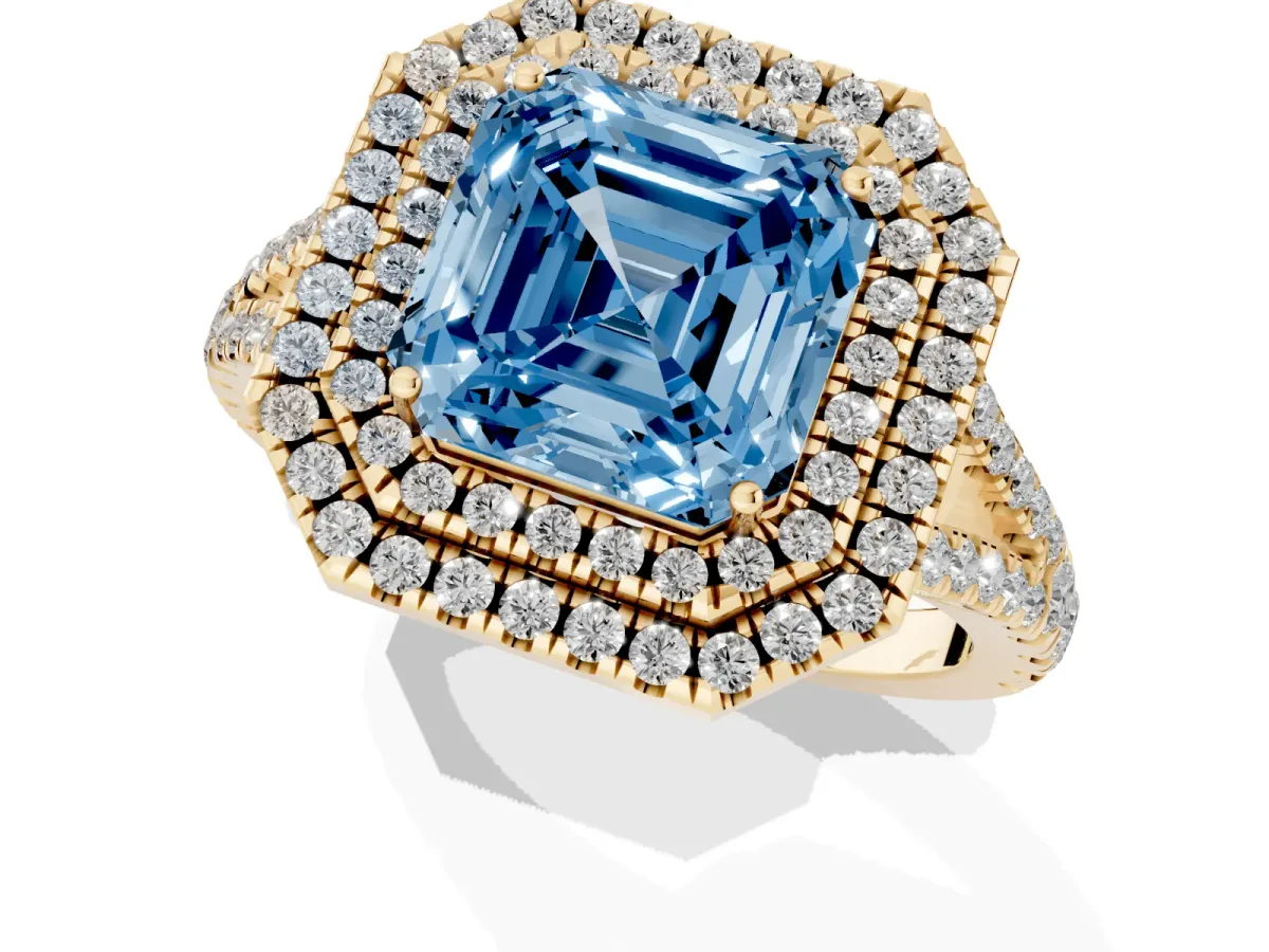 Fancy Blue Asscher Cut Diamond Double Halo Ring with Pavé Band and Prong Setting Yellow gold